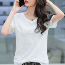 여성 여름 캐주얼 슬림핏 브이넥 티셔츠 베이직 반소매