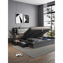 리프트업침대 공간활용 수납공간 다용도 프레임수납, 천 패턴 그레이 침대 1200mmx1900mm