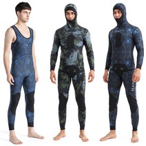 OUZO 스피어 피싱 프리다이빙 남성 3mm 후드 웻슈트 투피스, 카모플라쥬 그린(조끼형)