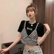 가반팔티 새는 것을 줍다 전문점 철회함 페이크투피스 티셔츠 패치워크 줄무늬 펜던트 이니셜 밴드 디자인감각 4132923084