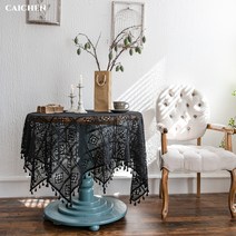 CAICHEN 북유럽 홈카페 손뜨개 레이스 원형 테이블커버 태슬 테이블보, 85 x 85 cm, 블랙