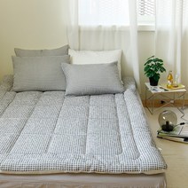 더와이 모모체크 시어서커 순면 시원한 여름 침대 패드 토퍼 Q, 베이지