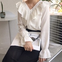 세컨핑크 트윙클 더블 V넥 프릴 퍼프소매 블라우스 셔츠