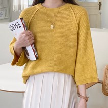 아모르데이 여성용 투웨이 리버시블 라운드 반팔 루즈핏 웨이비 나그랑 니트