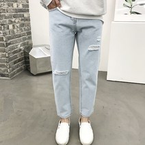 용된다 남자 일자핏 구제 워싱 찢어진 데님 청바지