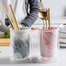 수저통 도자기 HND 2color 예쁜 하우스 마블 티스푼통 유리 글라스 모던 물빠짐, 마블 물빠짐 수저통 핑크