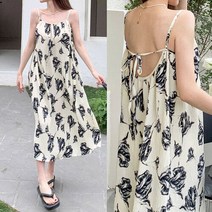 이드로 시원한 끈나시 플리츠 주름 롱원피스 바캉스 패션 해변룩 뒤오픈