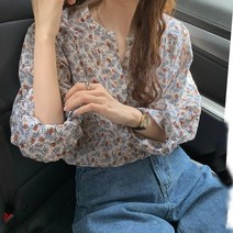 블라우스 브라우스 셔츠 여성 반팔 레이스 셔링 청 데님 롱 하이넥