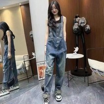 데님점프수트 여자멜빵바지 오버롤 워시 데님 점프 슈트 여성용 루즈 청바지 레트로 포켓 멜빵 스트랩 롱 스트레이트 팬츠 오버올 롬퍼
