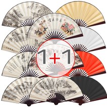 [1+1](실크 대나무부채 D타입 대형 1P+1P=2P) 색상그림 접이식 전통 풍경 수채화 나무 무지 그림 부채, H형, K형