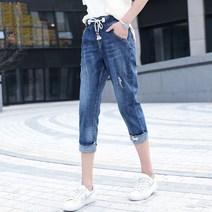 빅 사이즈 얇은 밴딩 자수 꽃 데님 7부 여 팬츠 대미지 뉴타임즈 C10 A125X768