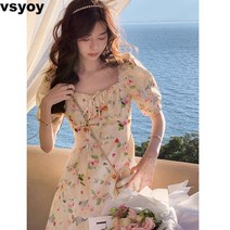 vsyoy 여름 슬림해 보임 반팔원피스 브이넥 퍼프소매 플라워 원피스 쉬폰 롱원피스 데일리 헵번 스타일 여성복