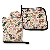 RENGMAN 블랙 골드 대리석 오븐 장갑 냄비 홀더 내열성 안전한 요리 베이킹 그릴, Floral Dachshund