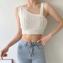 언발크롭 니트베스트)한쪽어깨트임 뷔스티에 탑뷔스띠에 니트조끼 패턴무늬 여름조끼 크롭조끼 끈조끼 민소매 브이넥 오픈숄더