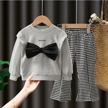 아짱 키즈여아 봄가을상하세트 블랙리본체크바지세트