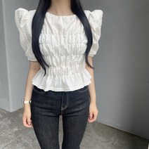 VANANA2 여성 페미닌 플리츠 퍼프 플레어 반팔 블라우스 2color