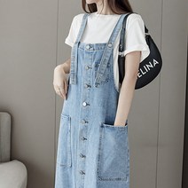 리틀깽스 다이뻐 빅사이즈 데일리 편안한 워싱 빈티지 나시 멜빵 단추 데님 청 롱원피스