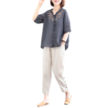 여성용 여름 개량복장 자수 반팔 티 바지 한벌 세트