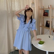 블루 여름 러플 원피스 브이 넥라인 스트라이프 디테일 소매밑단 밴딩 단품 깔끔한 착용 반팔