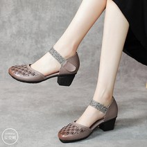 도오빠 여성 샌들 미들힐 가죽 여자 미시 중년 신발 찍찍이 벨트로 여름샌들 통굽