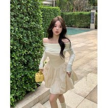 오프숄더 A라인 플레어 캉캉 예쁜 긴팔 미니 면 원피스 수입 샤랄라 블랙 베이지 SY
