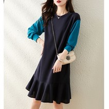 쩐쿠 가을 여성 라운드넥 주름 롱 원피스 8524