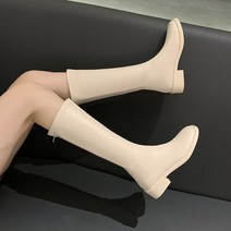 여성 겨울 패딩 부츠 퍼 방한화 스노우 가죽 미드 힐 니하이 부츠 스퀘어 토 블록 지퍼 롱 여성 가을 겨울