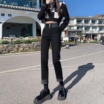 하이웨이스트 청바지녀 봄 스판 슬림핏 날씬해 보이는 디자인감 허리 담뱃대 스트레이트 9부 팬츠