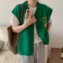 쪼꼬마미 해피 스마일 자수 루즈핏 여자 여성 니트 조끼