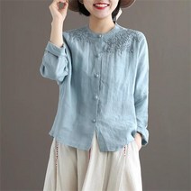 꽃소담 여성 봄가을 린넨 자수 긴팔 솔리드 셔츠 QQA1753