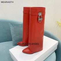 오버레이 가죽 접이식 무릎 높이 여성 부츠 상어 잠금 웨지 힐 뾰족한 발가락 빅 사이즈 롱 신발