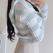 제이에프앤씨 여성용 투톤 줄무늬 크롭 솜털 후드 가디건 자켓