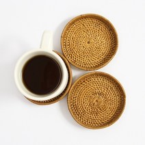 원형 테두리 라탄 티코스터 컵받침 우드 코스터 케탁 다이소, 단품, 1개
