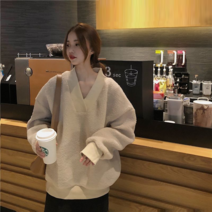 HXT 여성 브이넥 맨투맨 티셔츠 뽀글이 양털 오버핏 긴팔 풀오버 상의 봄가을