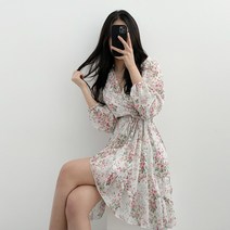 입꼬 꽃무늬 플라워 A라인 브이 랩 쉬폰 원피스