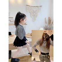 블랙앤화이트 엄마랑딸 모녀커플룩 스트라이프 여아 여성 봄가을 상의 여성스러운 티셔츠