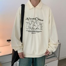 지퍼 포인트 귀영운 토끼 그림 맨투맨 남성용 스웨트 상의