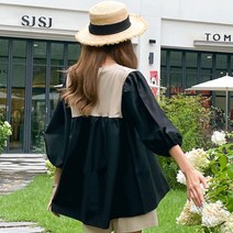 피핀 여성용 배색 포인트 볼륨소매 블라우스 49389