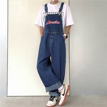남자 데님 점프수트 청 캠핑 멜빵 턱받이 바지 남성 여름 디자인 감각 틈새 어 버전 느슨한 와이드 레그 점프 슈트 바지