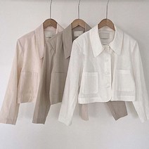 원피스에 어울리는 코디하기 좋은 깔끔한 여자 아이보리 베이지 카라 숏 린넨 크롭 자켓
