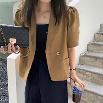 숏 크롭 반팔 여성 자켓 퍼프 볼륨 소매 여름 캐주얼
