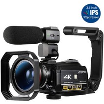 일본직발송 2. ORDRO AC3 캠코더 울트라 HD 4K 캠코더 마이크 1080P 60FPS 디지털 줌 3.1인치 IPS 적, One Size, One Color