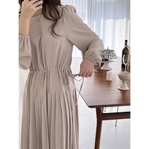 여성 원피스 라운드넥 솔리드 플리츠원피스 봄원피스 허리묶음