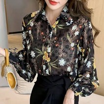 여성 꽃무늬 블라우스 셔츠 긴팔 레이스 정장 이너 레트로 홍콩 스타일 꽃 여성의 초봄과 가을 블랙 쉬폰 인쇄 퍼프 슬리브 탑