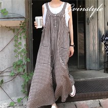 [국내발송]린넨 면 체크 와이드 점프슈트 와이드팬츠 멜빵바지 JP8007