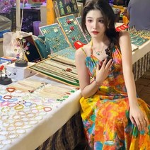 여성 시폰 태국 꽃무늬 슬링 원피스 슬리밍 휴가 민소매 룩 a라인 해변 비치