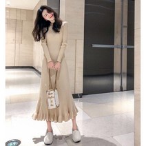 Makone 여성 가을겨울 프릴 니트 롱원피스