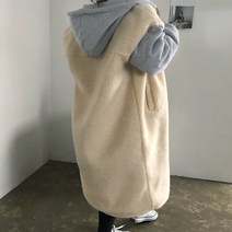 [비비애르] 오버핏 양털 기모 누빔 뽀글이 배색 후드 롱 집업 점퍼 여성 겨울아우터 스포티집업