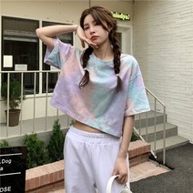 베러댓걸 여성용 무지개 물나염 숏 반팔티 여름 반소매