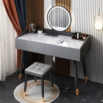 호텔 펜션 블랙 화장대 그레이 세트 거울 일체형, 50 대리석그레이 + LED +리본의자